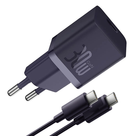 Baseus GaN Mini 1C USB-C-verkkolaturi kaapelilla, 30W, 3A, 1 x USB-C, Violetti P10110902523-00