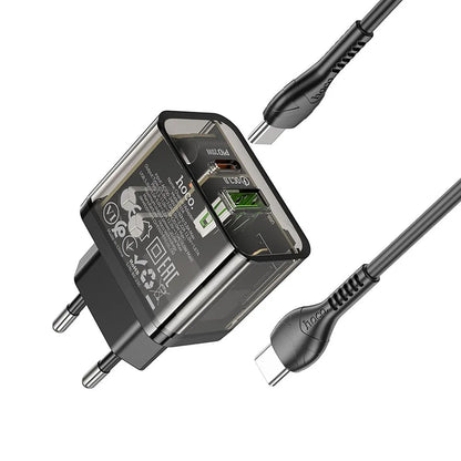 Verkkolaturi USB-C-kaapelilla HOCO N34, 20W, 3A, 1 x USB-A - 1 x USB-C, Läpinäkyvä