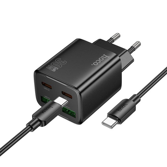 Verkkolaturi USB-C-kaapelilla HOCO N56, 30W, 3A, 2 x USB-A - 2 x USB-C, Musta