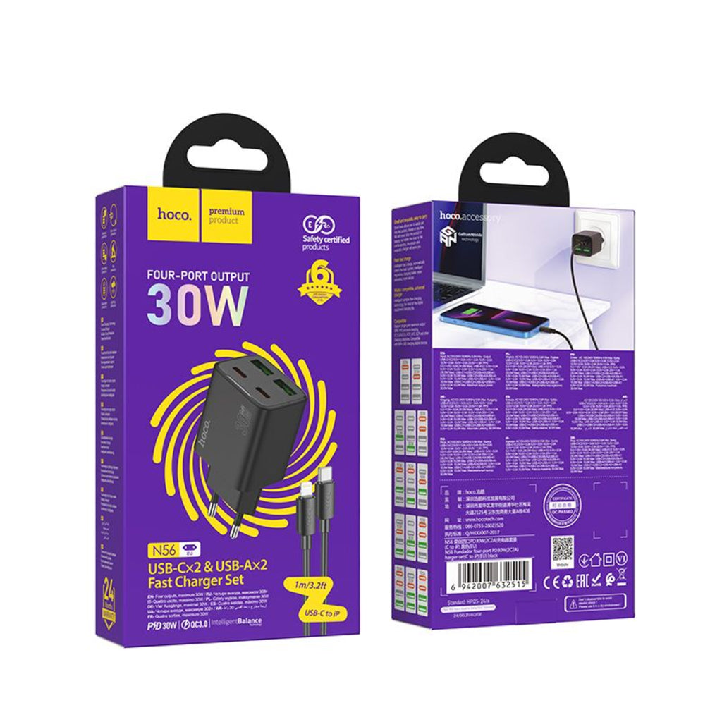 HOCO N56 Lightning-kaapelilla varustettu verkkolaturi, 30W, 3A, 2 x USB-A - 2 x USB-C, Musta