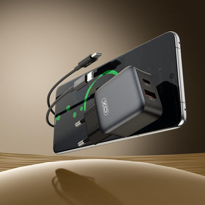 Verkkolaturi USB-C-kaapelilla XO Design L156, 30W, 3A, 1 x USB-A - 1 x USB-C, Musta