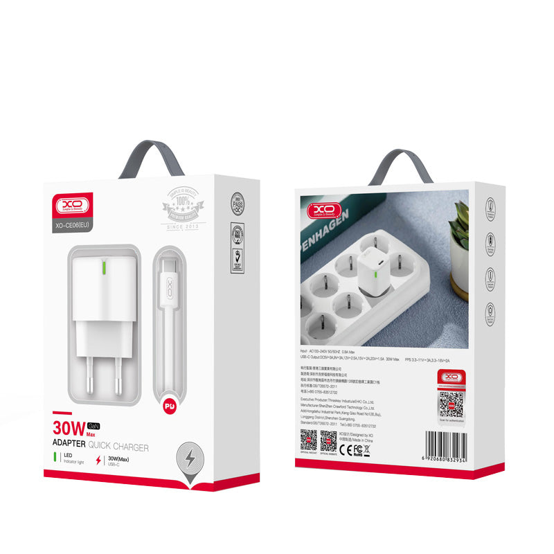 Verkkolaturi USB-C-kaapelilla XO Design CE06, 30W, 3A, 1 x USB-C, Valkoinen