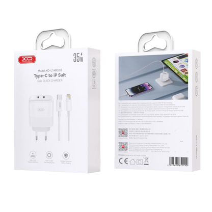 Verkkolaturi Lightning-kaapelilla XO Design L140, 35W, 3A, 2 x USB-C, Valkoinen