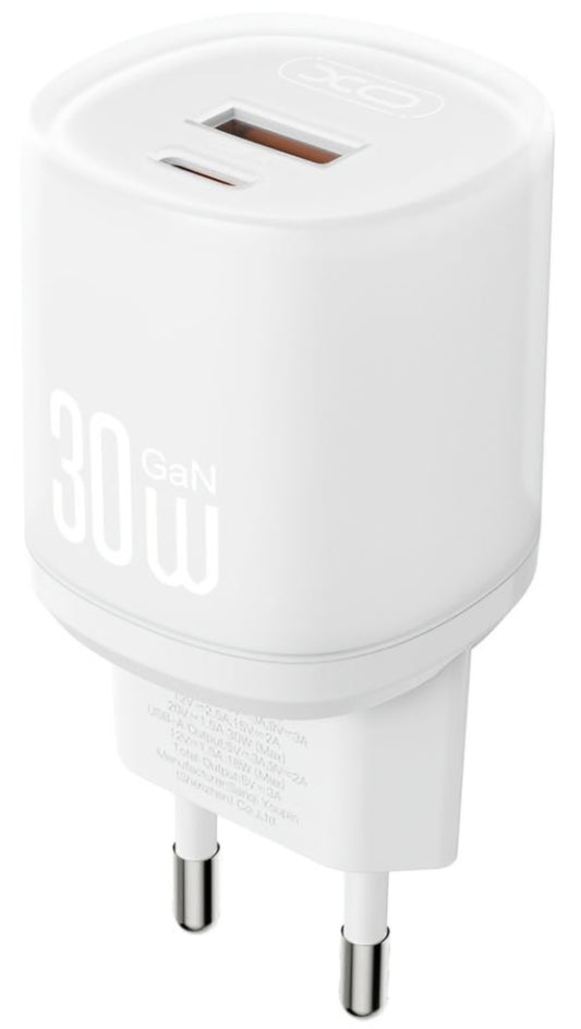 Verkkolaturi Lightning-kaapelilla XO Design L151, 30W, 3A, 1 x USB-A - 1 x USB-C, Valkoinen