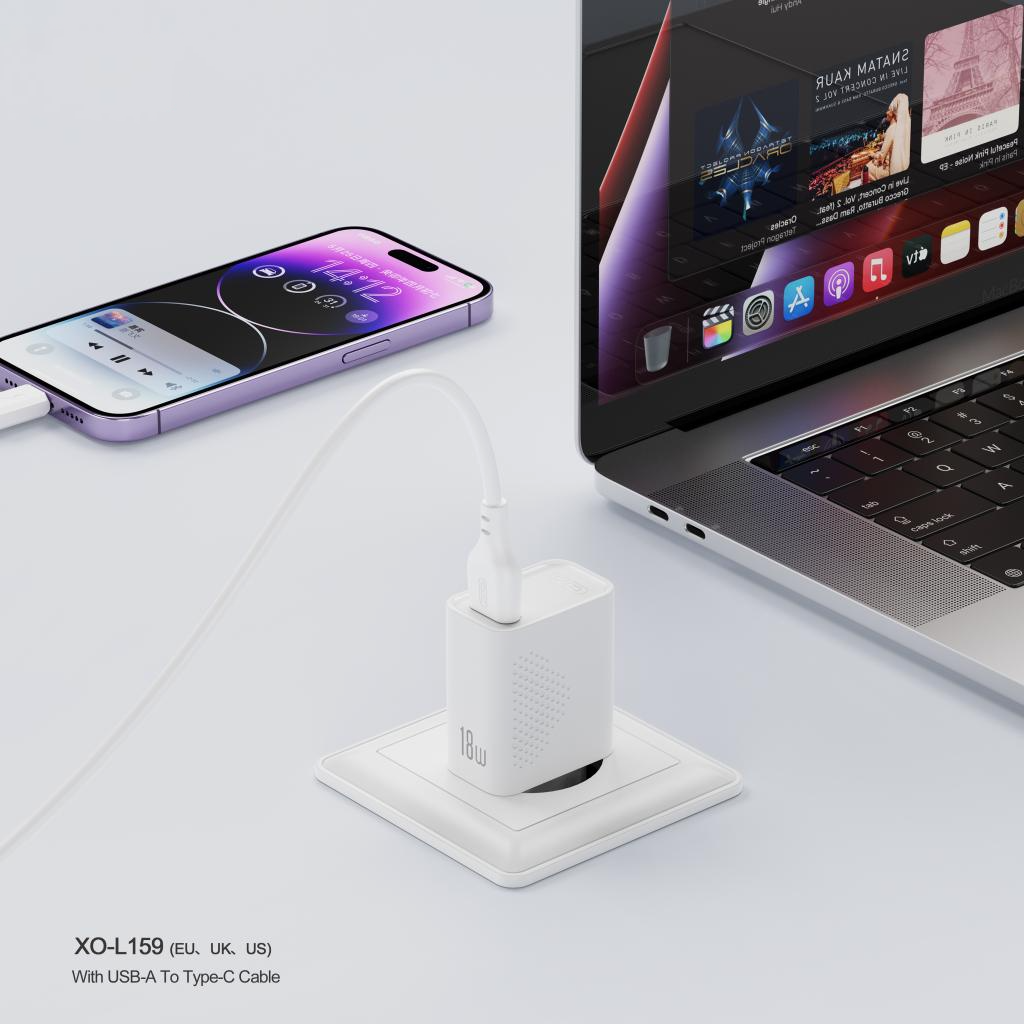 Verkkolaturi USB-C-kaapelilla XO Design L159, 18W, 3A, 1 x USB-A, Valkoinen