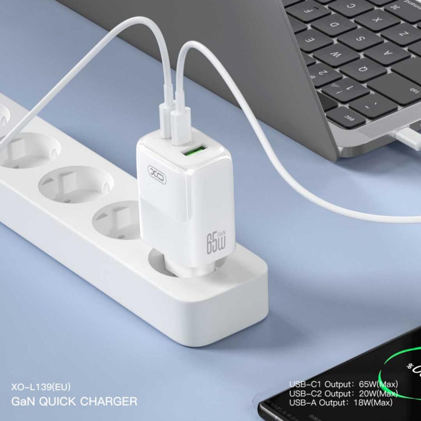 Verkkolaturi USB-C-kaapelilla XO Design L139, 65W, 4.5A, 1 x USB-A - 2 x USB-C, Valkoinen