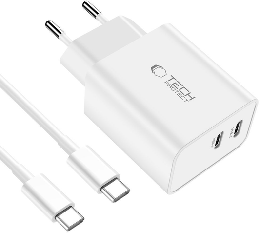 Verkkolaturi USB-C-kaapelilla Tech-Protect C35W, 35W, 3A, 2 x USB-C, Valkoinen