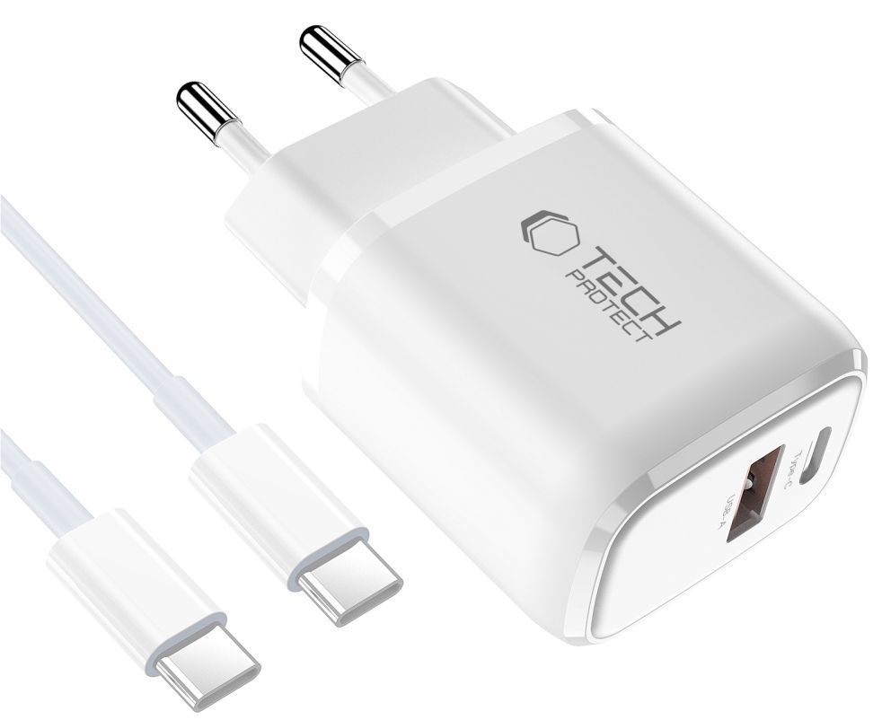 Verkkolaturi USB-C-kaapelilla Tech-Protect NCA20, 20W, 3A, 1 x USB-A - 1 x USB-C, Valkoinen