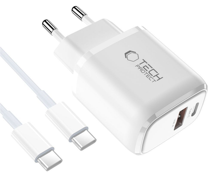 Verkkolaturi USB-C-kaapelilla Tech-Protect NCA20, 20W, 3A, 1 x USB-A - 1 x USB-C, Valkoinen