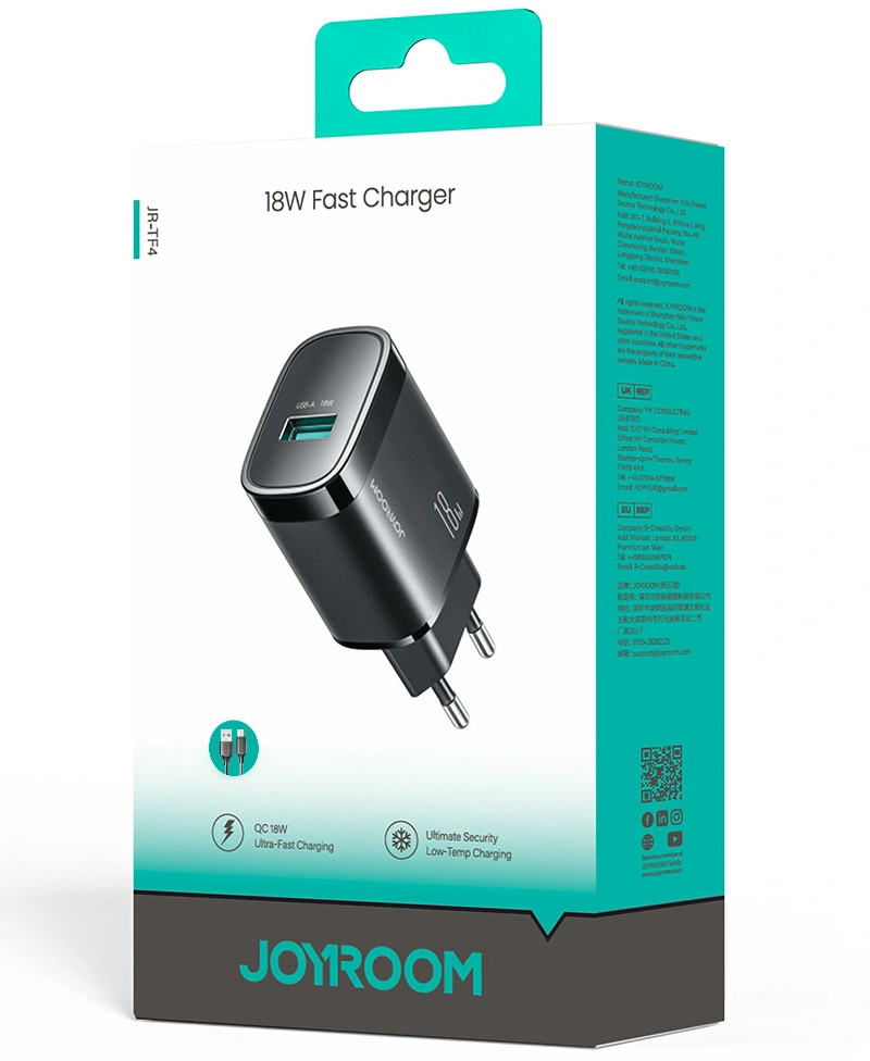 Verkkolaturi USB-C-kaapelilla Joyroom JR-TF4, 18W, 3A, 1 x USB-A, Musta