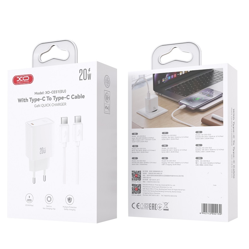 XO Design CE51 -verkkovirtalaturi USB-C-kaapelilla, 20 W, 3 A, 1 x USB-C, valkoinen