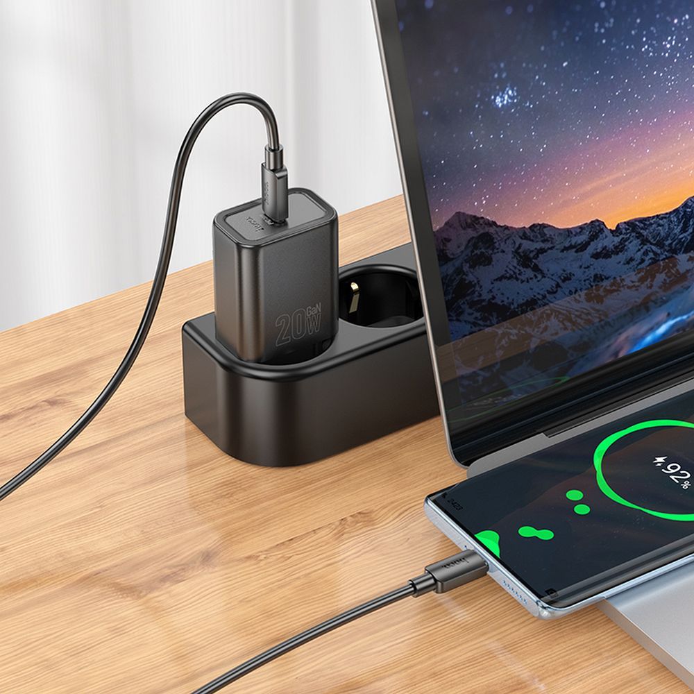 Verkkolaturi USB-C-kaapelilla HOCO N60, 20W, 3A, 1 x USB-C, Musta