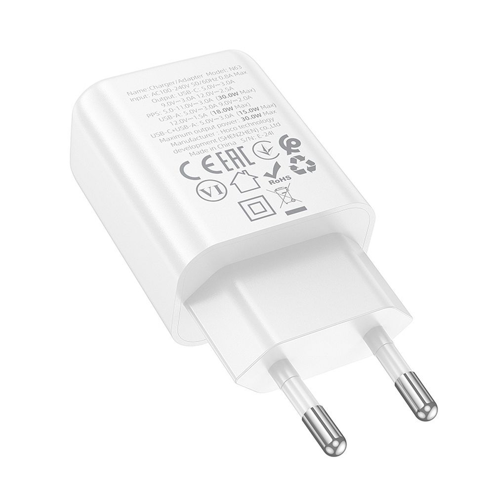 HOCO N63 Network Charger, 30W, 3A, 1 x USB-A - 1 x USB-C, White