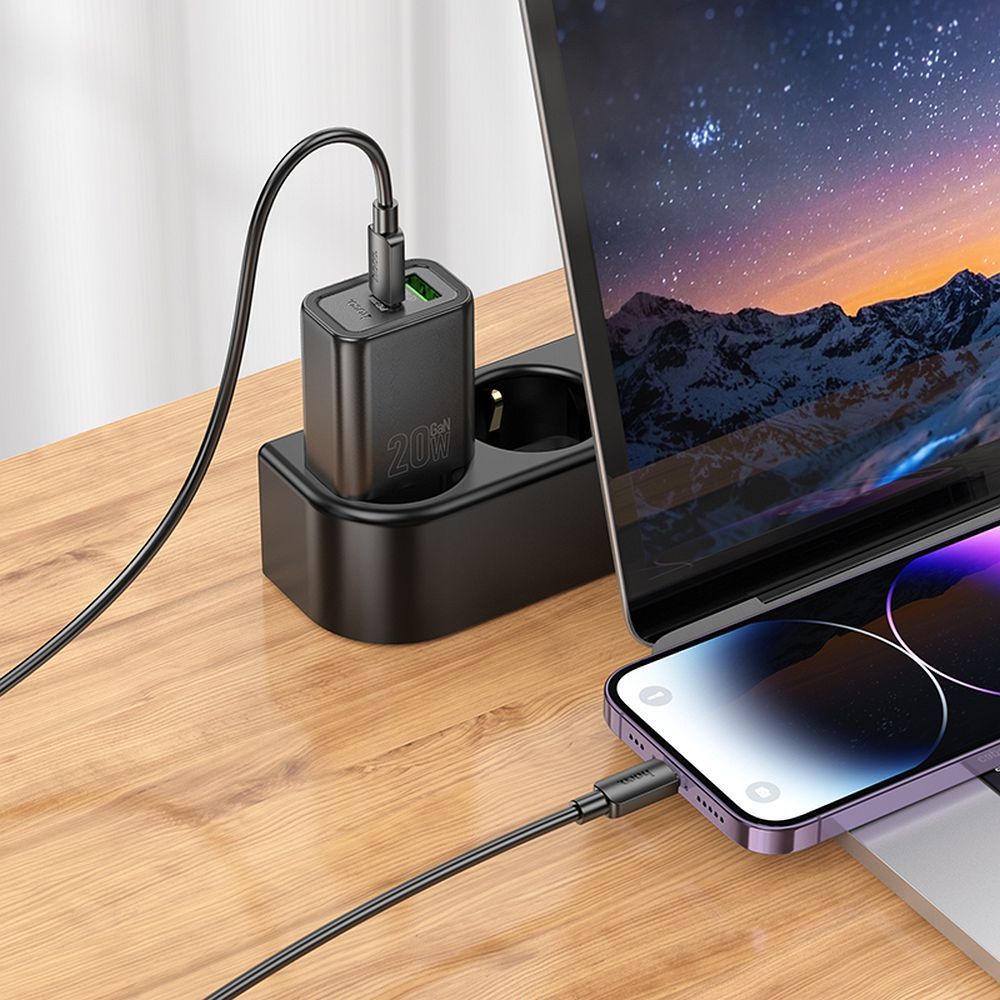 Verkkolaturi USB-C-kaapelilla HOCO N61, 20W, 3A, 1 x USB-A - 1 x USB-C, Musta