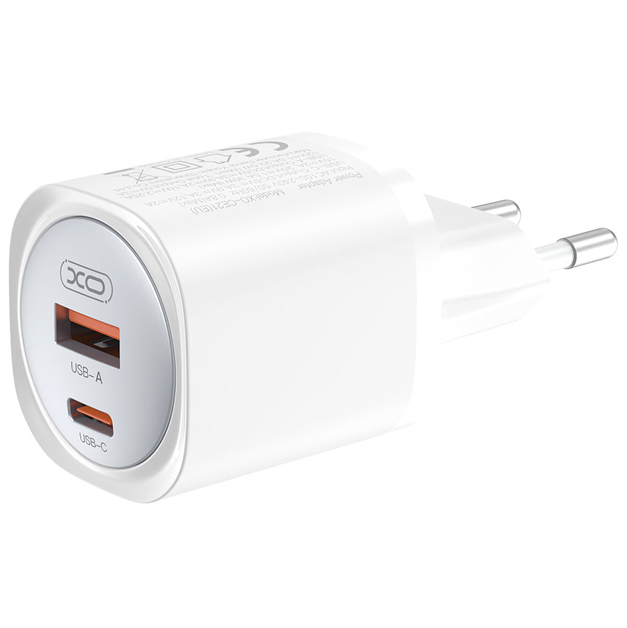 Verkkolaturi USB-C-kaapelilla XO Design CE21, 30W, 3A, 1 x USB-A - 1 x USB-C, Valkoinen