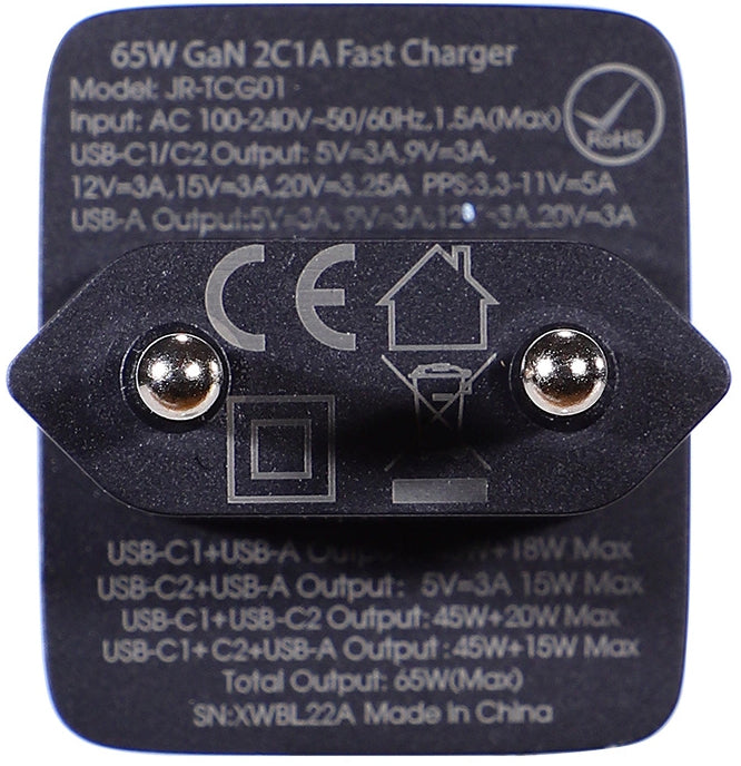 Verkkolaturi USB-C-kaapelilla Joyroom TCG01, 65W, 3.25A, 1 x USB-A - 2 x USB-C, Musta