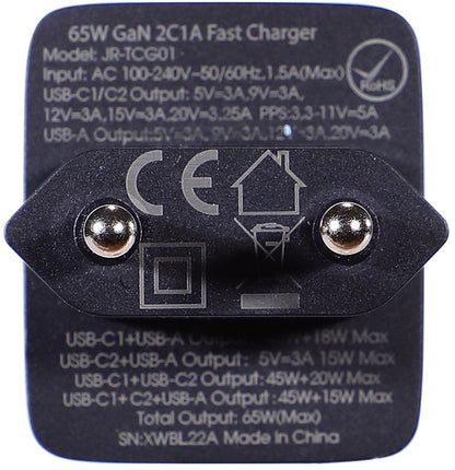 Verkkolaturi USB-C-kaapelilla Joyroom TCG01, 65W, 3.25A, 1 x USB-A - 2 x USB-C, Musta
