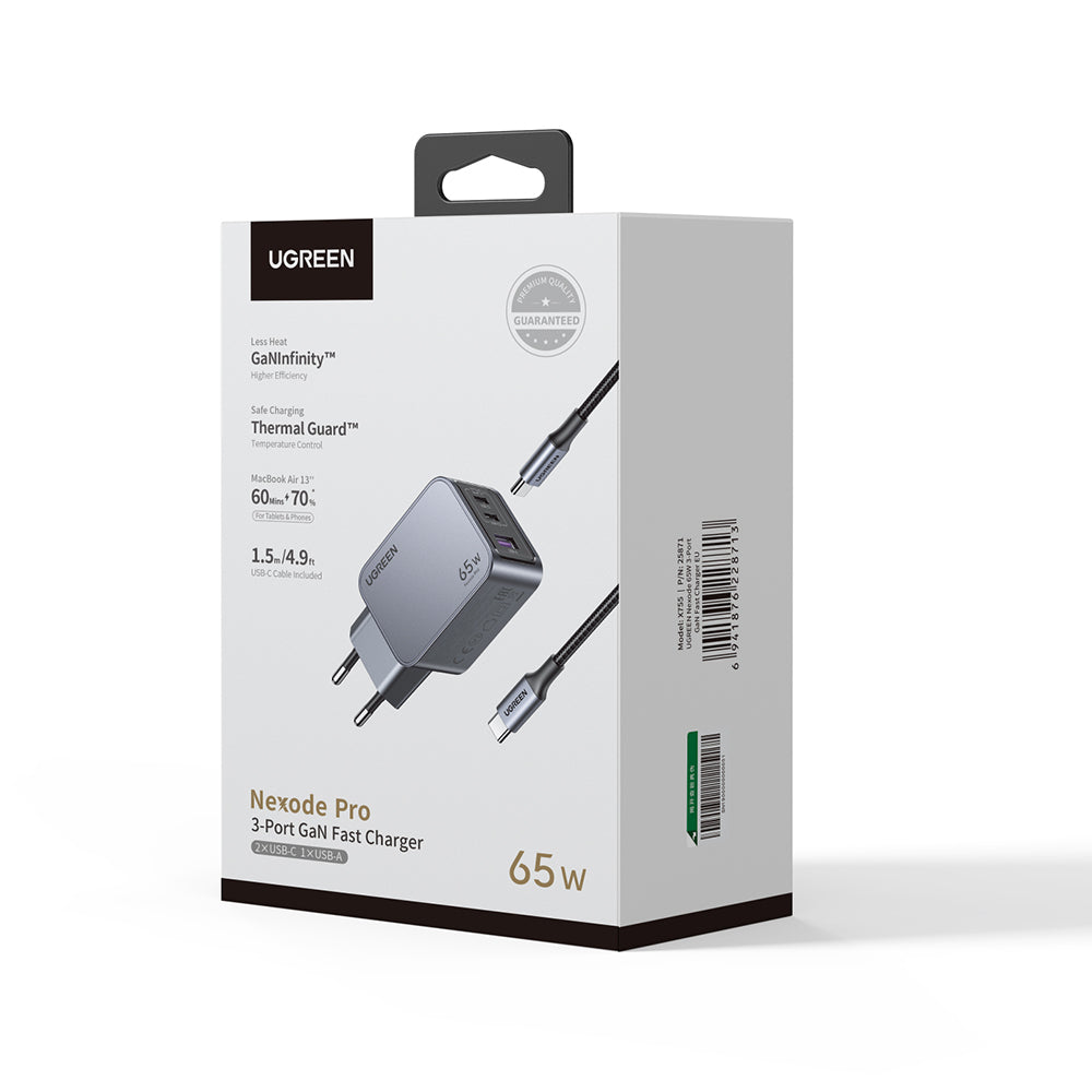 UGREEN X755 Nexode Pro USB-C-verkkolaturi kaapelilla, 65W, 3A, 1 x USB-A - 2 x USB-C, Harmaa