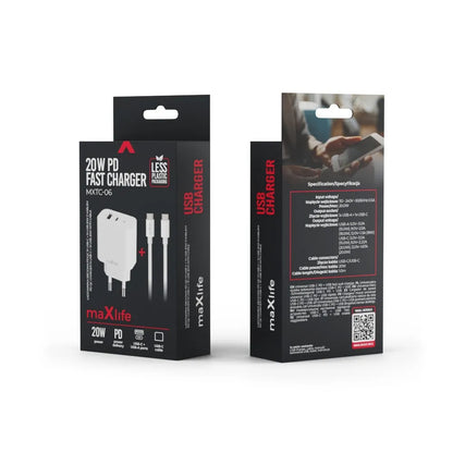 Verkkolaturi USB-C-kaapelilla MaXlife MXTC-06-20AC, 20W, 3A, 1 x USB-A - 1 x USB-C, Valkoinen