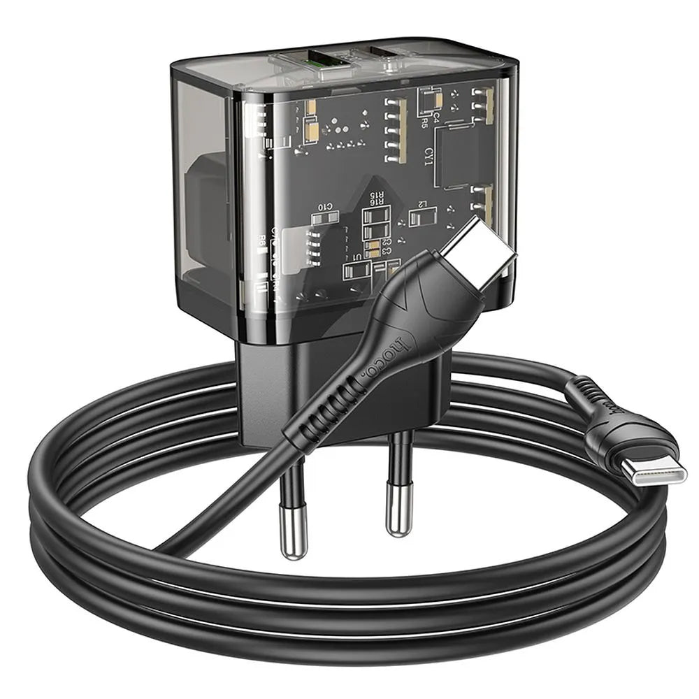Verkkolaturi USB-C-kaapelilla HOCO N34, 20W, 3A, 1 x USB-A - 1 x USB-C, Läpinäkyvä