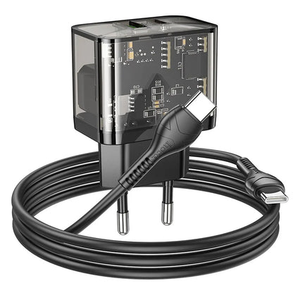 Verkkolaturi USB-C-kaapelilla HOCO N34, 20W, 3A, 1 x USB-A - 1 x USB-C, Läpinäkyvä