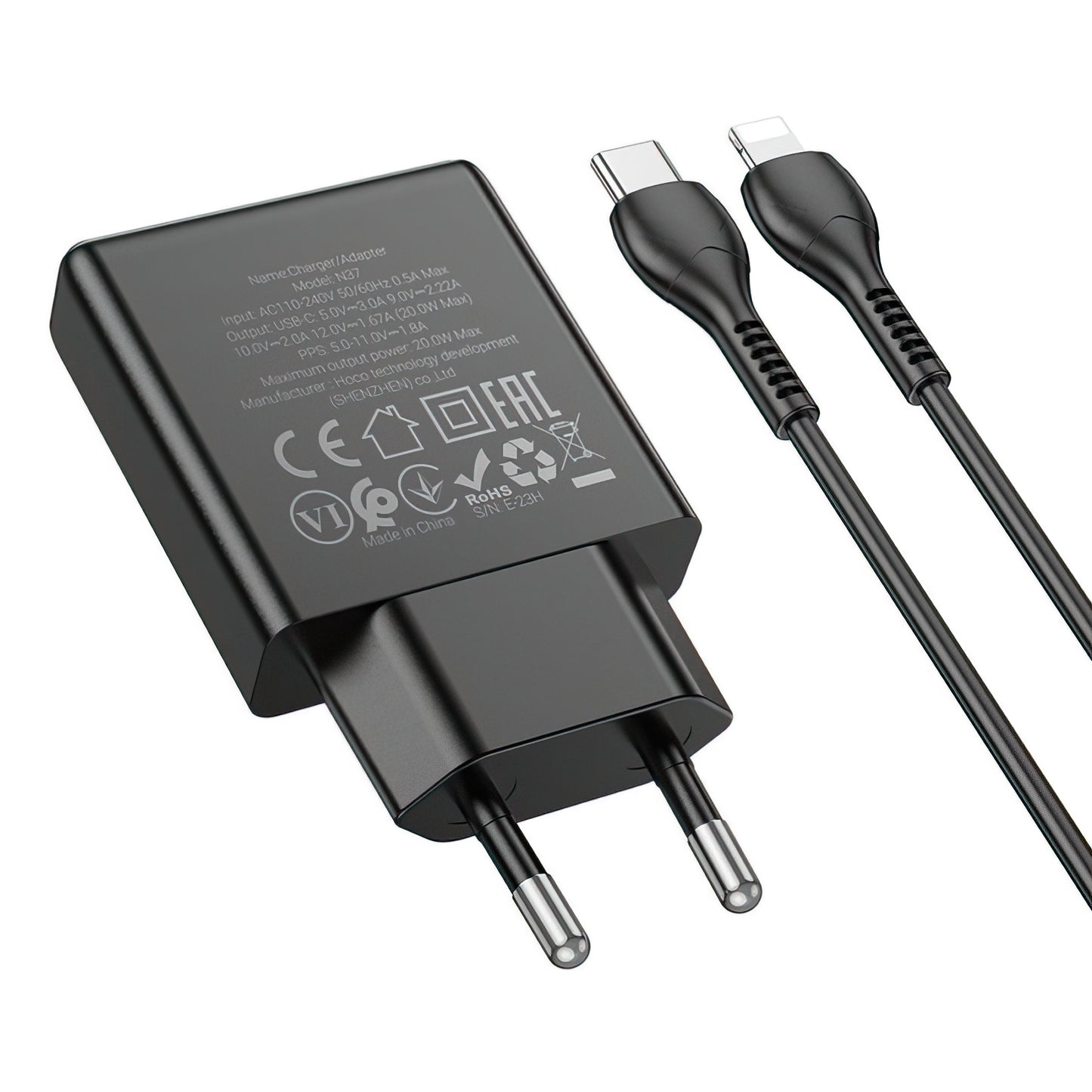 Network Charger with Lightning Cable HOCO N37, 30W, 3A, 1 x USB-C, Black