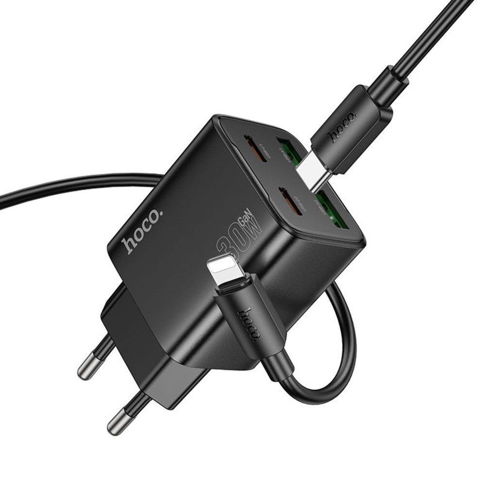 HOCO N56 Lightning-kaapelilla varustettu verkkolaturi, 30W, 3A, 2 x USB-A - 2 x USB-C, Musta