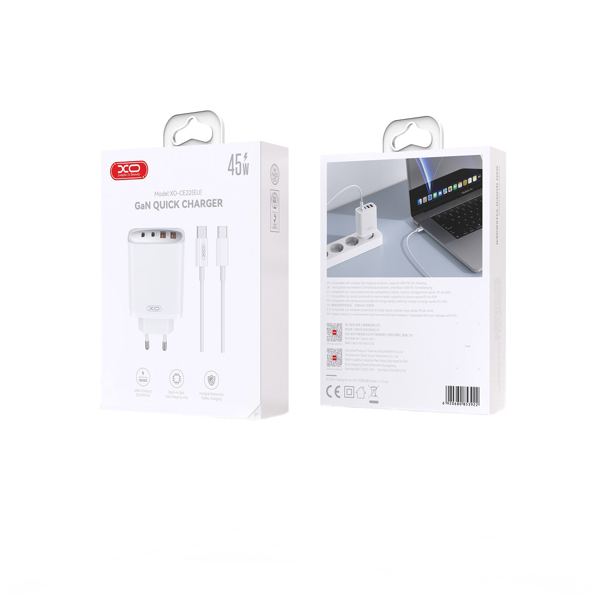 Verkkolaturi USB-C-kaapelilla XO Design CE22, 45W, 3A, 2 x USB-A - 2 x USB-C, Valkoinen