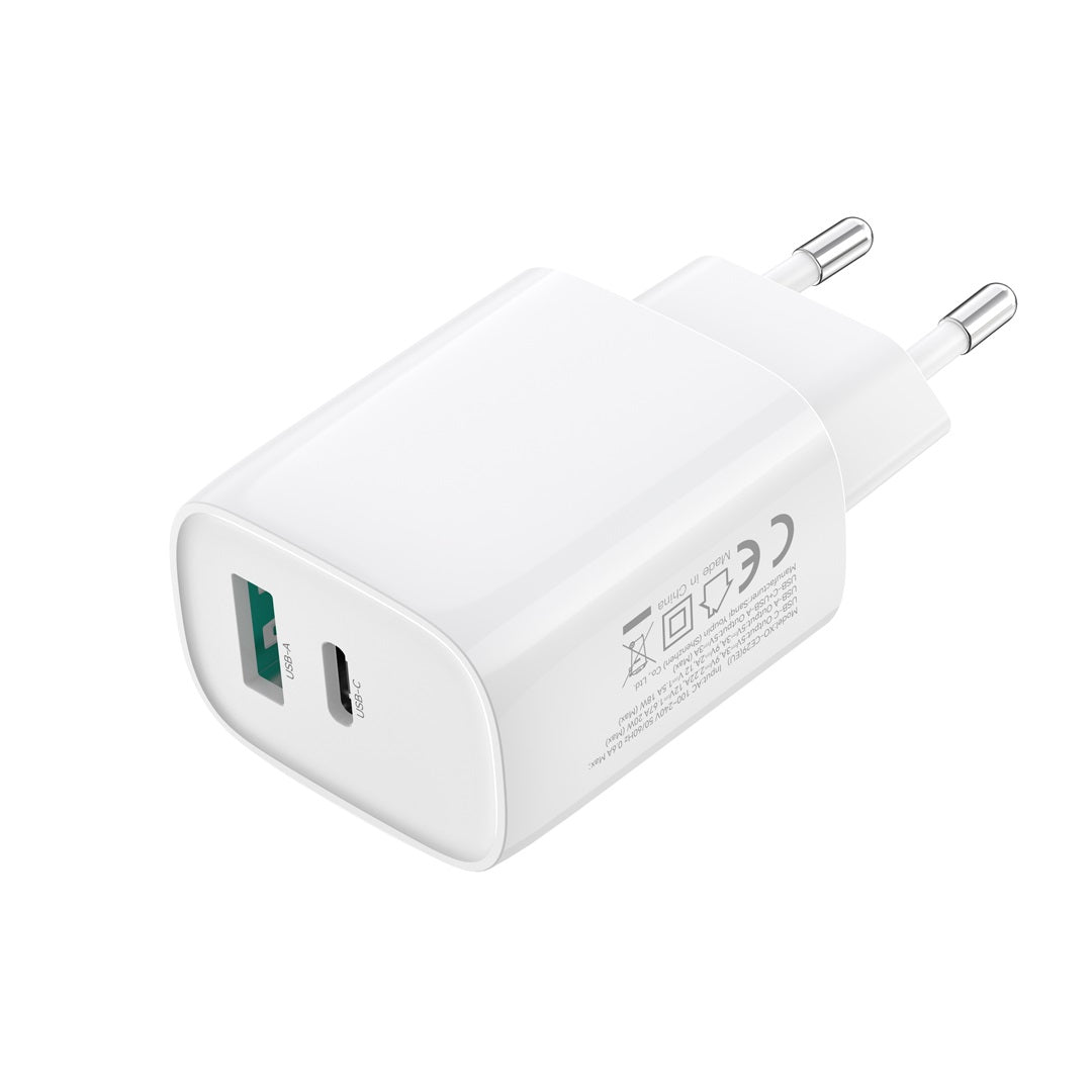 Verkkolaturi USB-C-kaapelilla XO Design CE29, 20W, 3A, 1 x USB-A - 1 x USB-C, Valkoinen