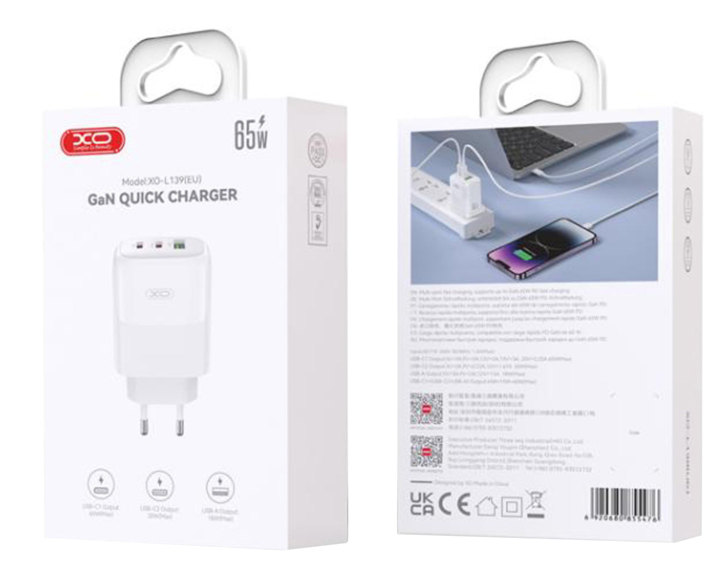 Verkkolaturi USB-C-kaapelilla XO Design L139, 65W, 4.5A, 1 x USB-A - 2 x USB-C, Valkoinen