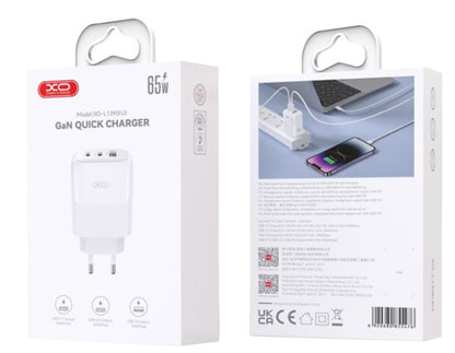 Verkkolaturi USB-C-kaapelilla XO Design L139, 65W, 4.5A, 1 x USB-A - 2 x USB-C, Valkoinen