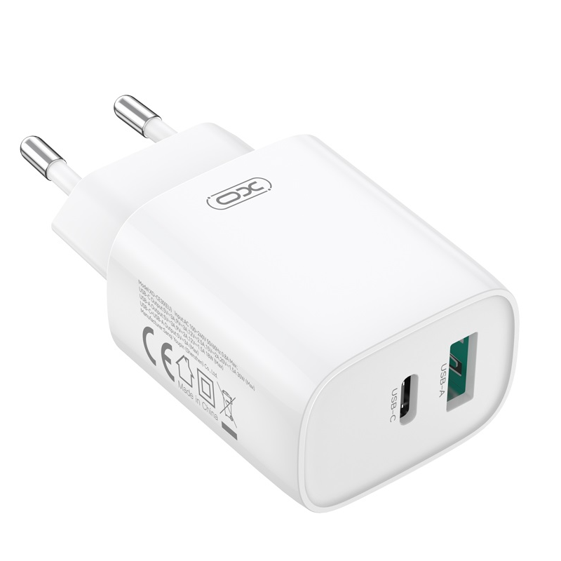 Verkkolaturi Lightning-kaapelilla XO Design CE30, 30W, 3A, 1 x USB-A - 1 x USB-C, Valkoinen