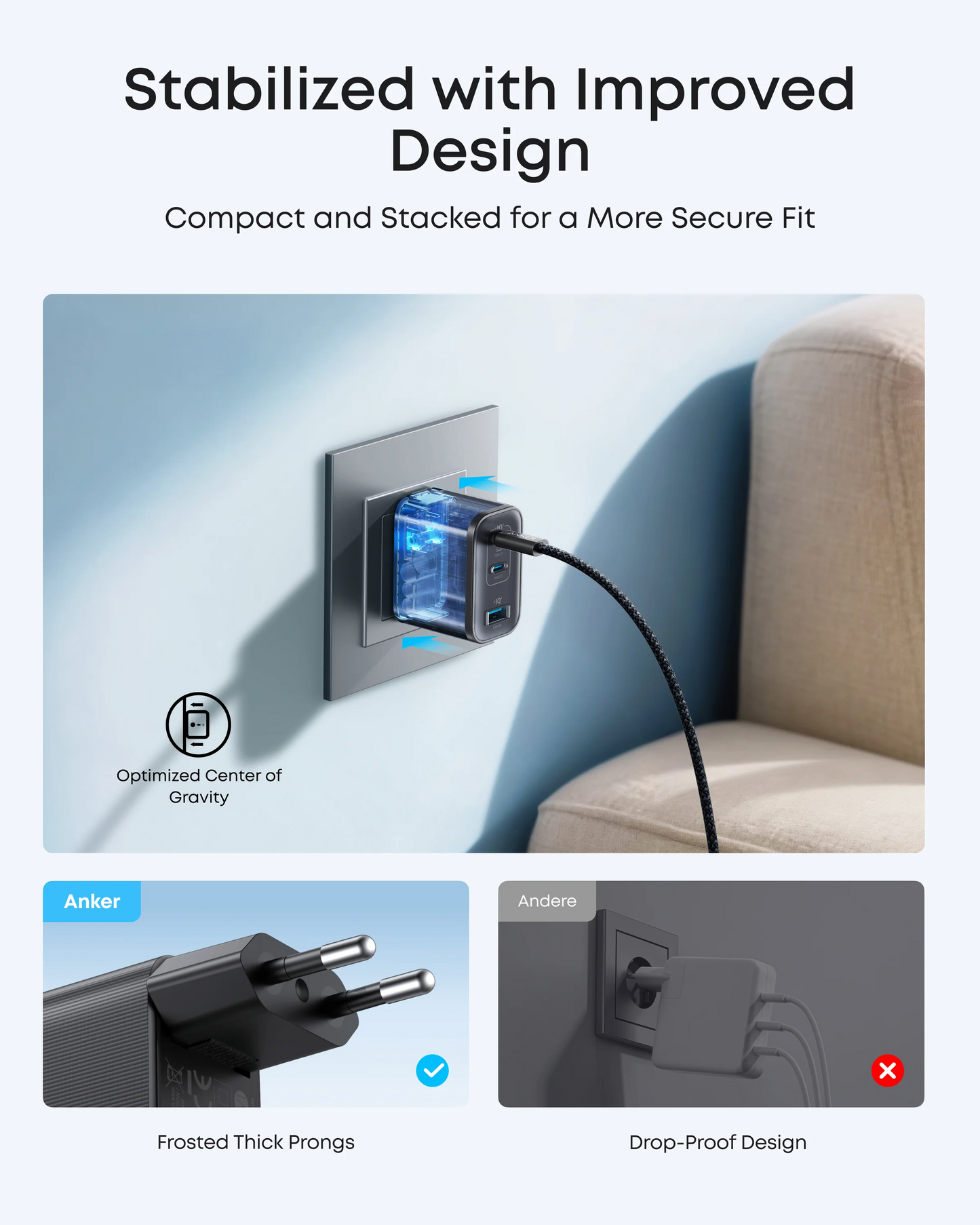 Anker Nano USB-C-verkkolaturi kaapelilla, 70W, 3.5A, 1 x USB-A - 2 x USB-C, Harmaa B121A311
