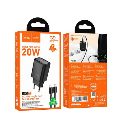 Verkkolaturi USB-C-kaapelilla HOCO N60, 20W, 3A, 1 x USB-C, Musta