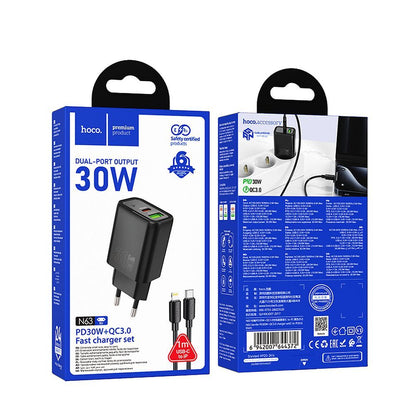 HOCO N63 Lightning-kaapelilla varustettu verkkolaturi, 30W, 3A, 1 x USB-A - 1 x USB-C, Musta