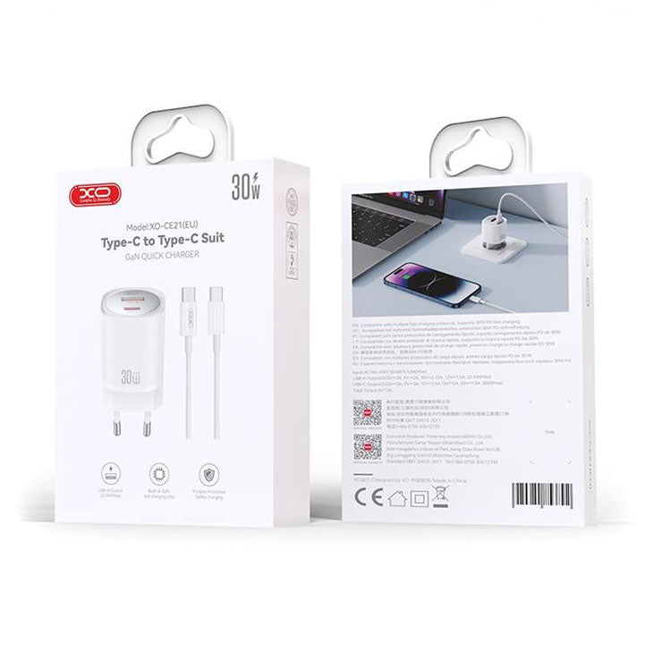 Verkkolaturi USB-C-kaapelilla XO Design CE21, 30W, 3A, 1 x USB-A - 1 x USB-C, Valkoinen