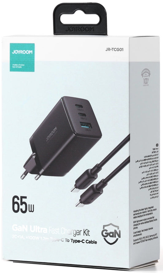 Verkkolaturi USB-C-kaapelilla Joyroom TCG01, 65W, 3.25A, 1 x USB-A - 2 x USB-C, Musta