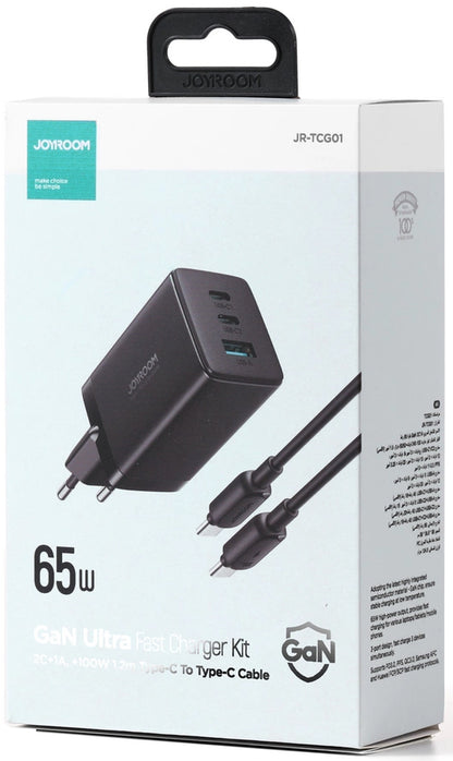 Verkkolaturi USB-C-kaapelilla Joyroom TCG01, 65W, 3.25A, 1 x USB-A - 2 x USB-C, Musta