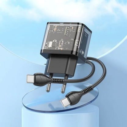 Verkkolaturi USB-C-kaapelilla HOCO N34, 20W, 3A, 1 x USB-A - 1 x USB-C, Läpinäkyvä