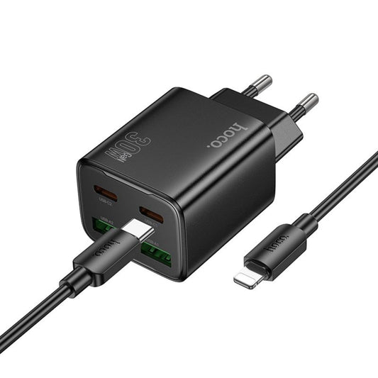 HOCO N56 Lightning-kaapelilla varustettu verkkolaturi, 30W, 3A, 2 x USB-A - 2 x USB-C, Musta