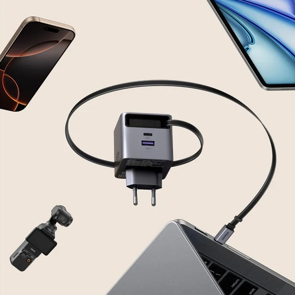 UGREEN X615 USB-C-kaapelilla varustettu verkkolaturi, 65W, 3A, 1 x USB-A - 1 x USB-C, Harmaa