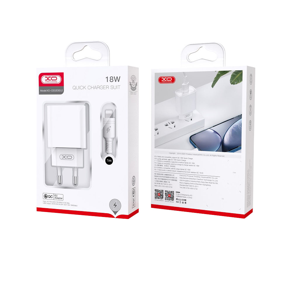 Verkkolaturi USB-C-kaapelilla XO Design CE02D, 18W, 3A, 1 x USB-A, Valkoinen