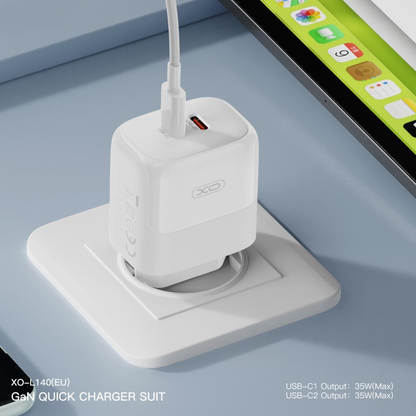 Verkkolaturi Lightning-kaapelilla XO Design L140, 35W, 3A, 2 x USB-C, Valkoinen