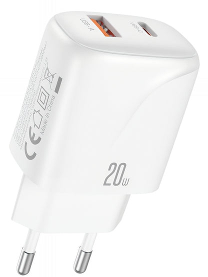 Verkkolaturi USB-C-kaapelilla XO Design L158, 20W, 3A, 1 x USB-A - 1 x USB-C, Valkoinen