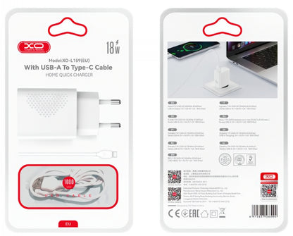 Verkkolaturi USB-C-kaapelilla XO Design L159, 18W, 3A, 1 x USB-A, Valkoinen