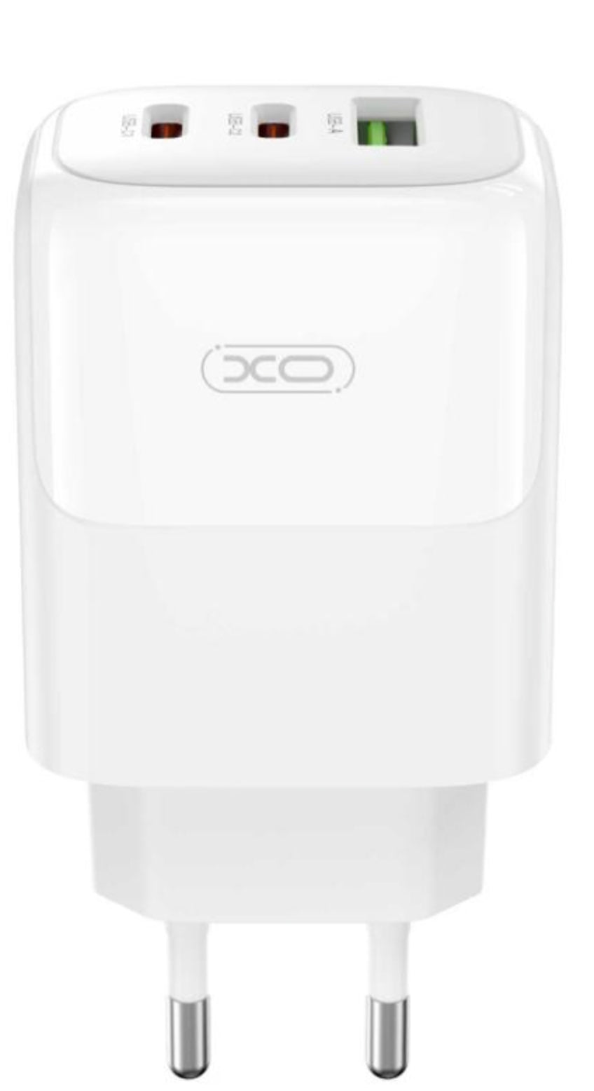 Verkkolaturi USB-C-kaapelilla XO Design L139, 65W, 4.5A, 1 x USB-A - 2 x USB-C, Valkoinen