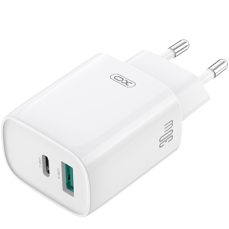 Verkkolaturi Lightning-kaapelilla XO Design CE30, 30W, 3A, 1 x USB-A - 1 x USB-C, Valkoinen