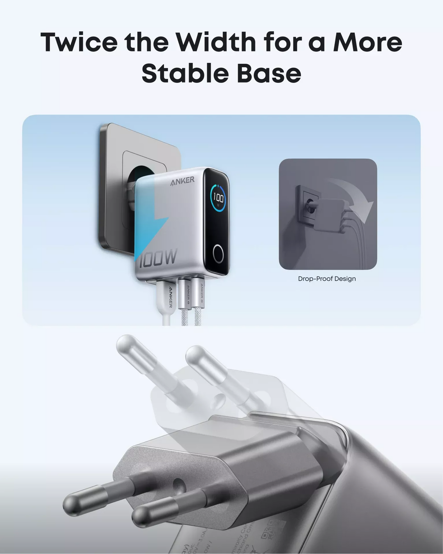 Anker Smart Display USB-C -verkkolaturi kaapelilla, 100W, 5A, 1 x USB-A - 2 x USB-C, Hopea B121BG41