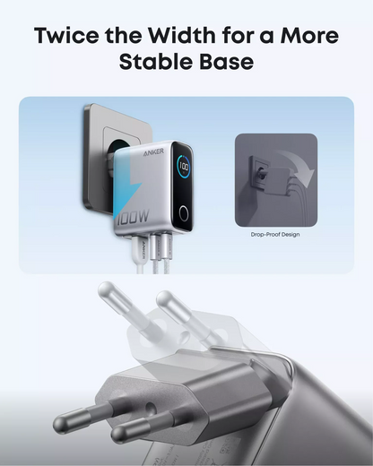 Anker Smart Display USB-C -verkkolaturi kaapelilla, 100W, 5A, 1 x USB-A - 2 x USB-C, Hopea B121BG41