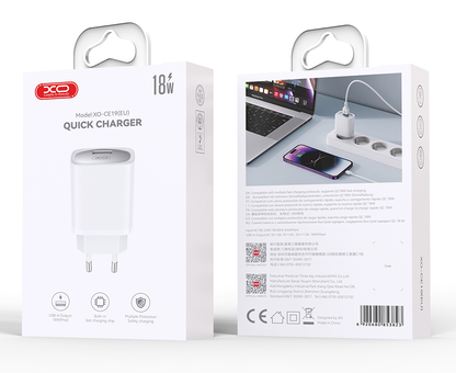 Verkkolaturi USB-C-kaapelilla XO Design CE19, 18W, 3A, 1 x USB-A, Valkoinen